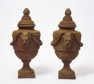 Pair of Demon Face Lidded Urns