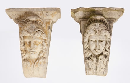 Pair of Architectural Cornerstones with Faces