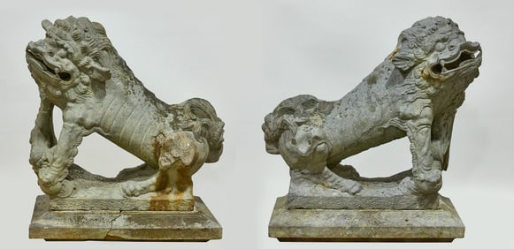 Monumental Pair of Granite Foo Dogs