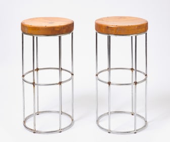 Pair Of Metal Stools with Wood Seats