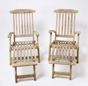 Pair of Teak and Brass Folding Lounge Deck Chairs