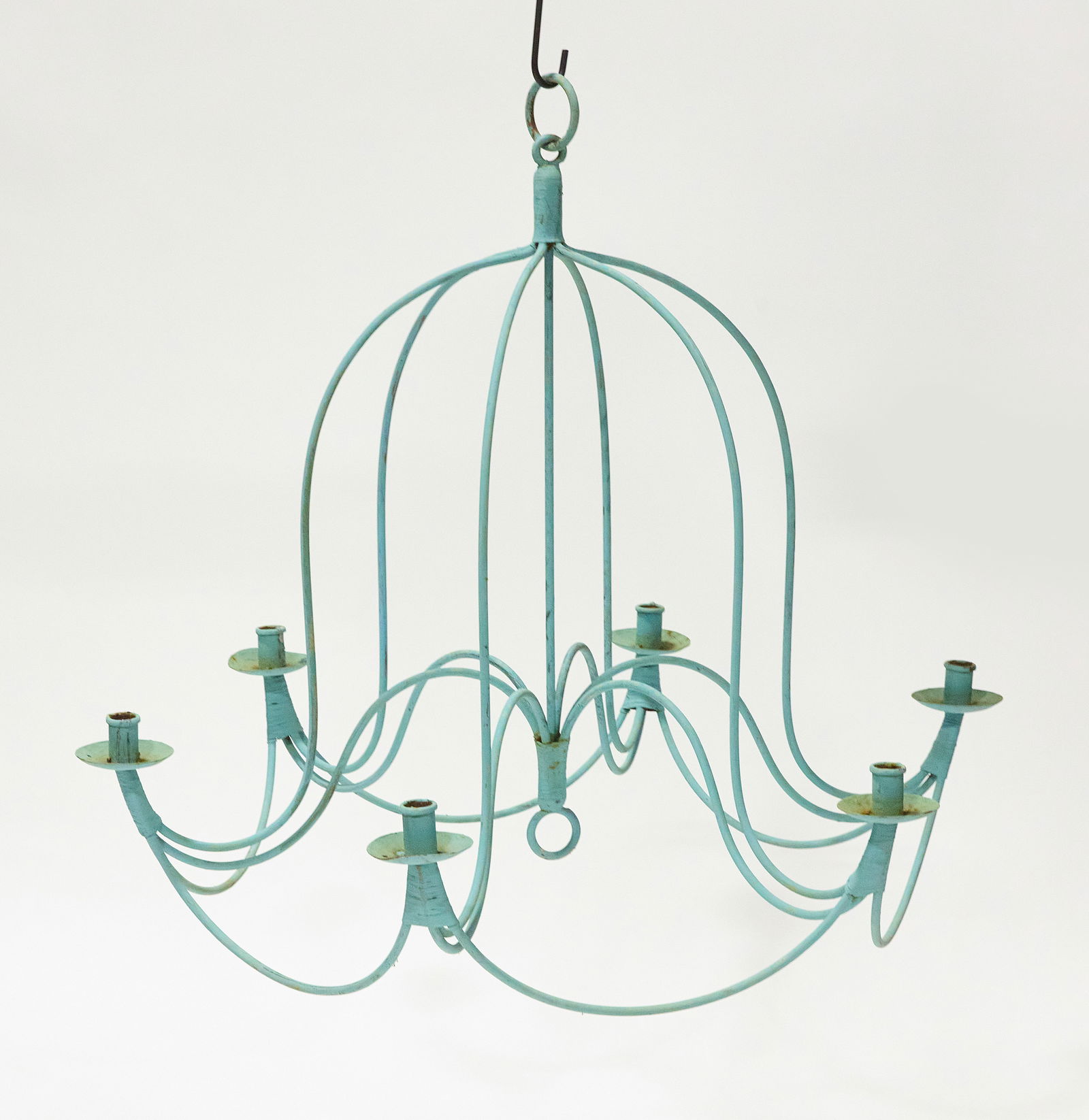 Decorative Painted Candle Chandelier: A decorative candle chandelier in mint green. Heavy iron rod. Circa 1950. H 27-1/2 in. D 34 in. Condition: Surface wear and imperfections. Link to hi-res images: https://www.dropbox.com/scl/fo/wz526on