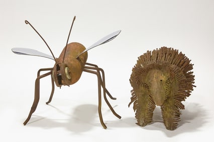 Metal Porcupine and Bumblebee Sculptures