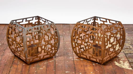 Pair of Modern Sculptural Garden Candle Holders: Pair of modern sculptural garden candle holders. Steel. H 15 in. W 15-1/4 in. D 15-1/4 in. Condition: Rust patina consistant with age otherwise like new condition