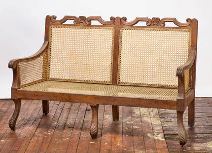 Wood and Caned Sofa Bench: Vintage wood and caned sofa bench. L 59-1/2 in. D 26 in. H 37-3/4 in. Seat Depth 20-3/4 in. Seat height 15 in. good condition newer caning.