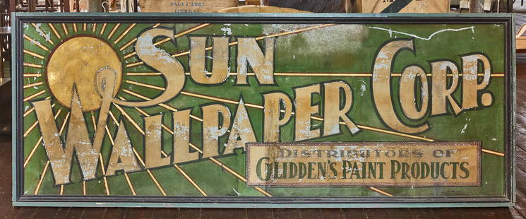 Sun Wallpaper Corporation Sign: Sun Wallpaper Corp. sign. Original paint on tin, in wood frame. H 39-1/4" W 98-1/4" D 3-1/2". Condition: Minor surface imperfections.