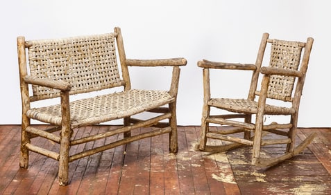 Rustic Adirondack Branch and Bark Rocker and Love Seat