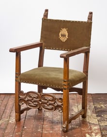 Gothic Revival Wood and Velvet Upholstered Chair.