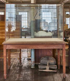 Museum Display Case: Museum display case. Wood and glass, circa 1920. H 76 in. W 65 in. D 35 in. Condition: Wear from age as expected.