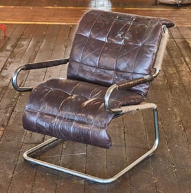 Mid-Century Sling Brown Leather and Canvas Chair