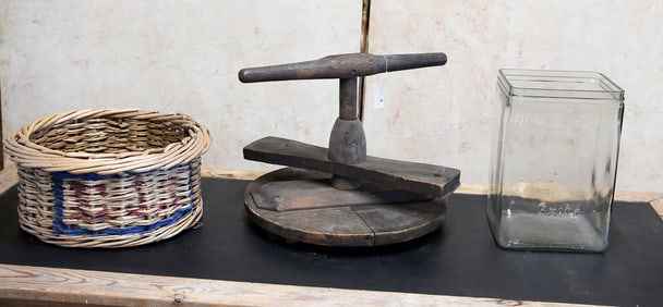 Exide Jar, Foundry Element, Decorative Thermometer, and Basket
