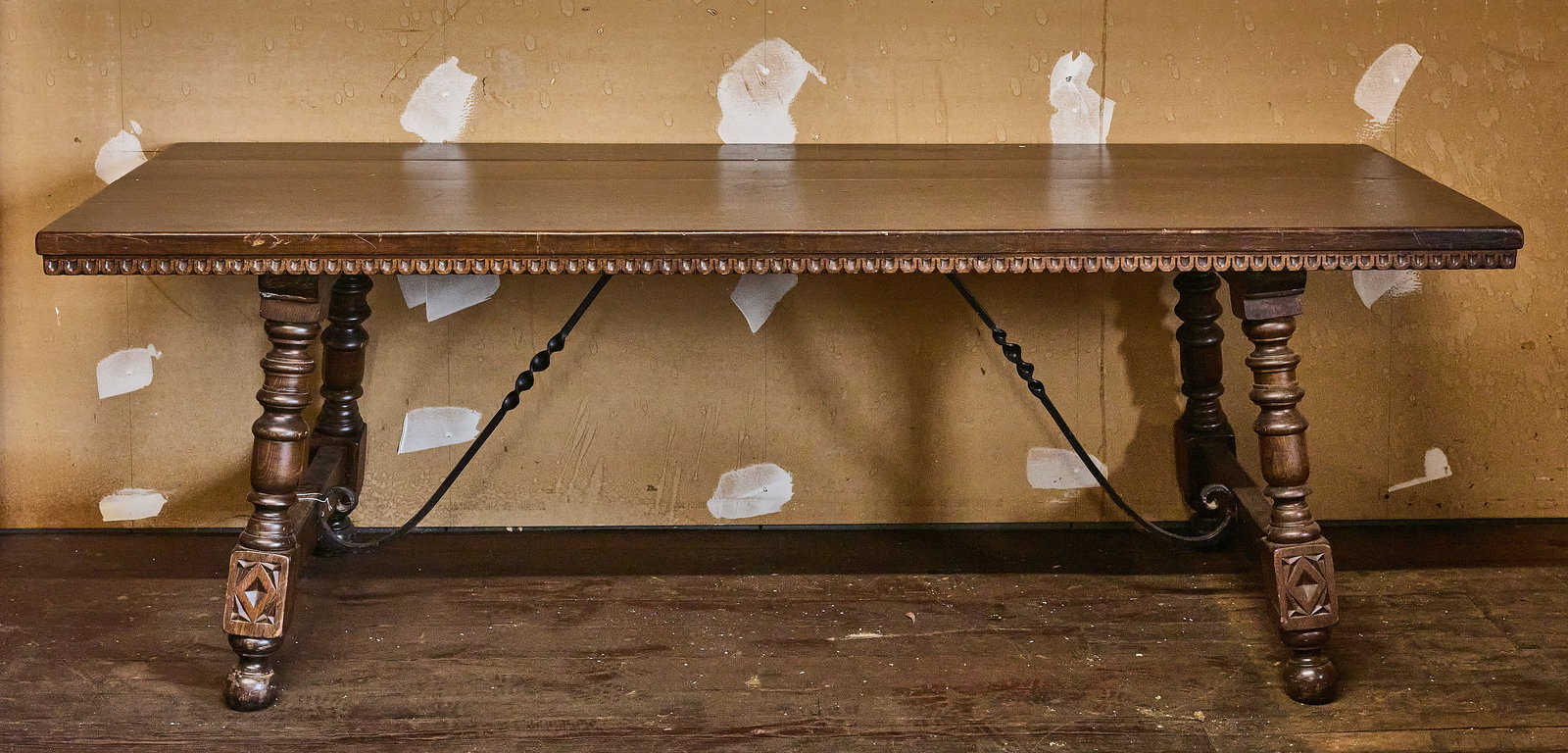 European Refractory Table with Wrought Iron Strut: Refractory table with wrought iron strut. Europe, 19th century. L 90 in W 32 in H 30-1/4 in. Condition: Some minor surface scratches consitant with age.