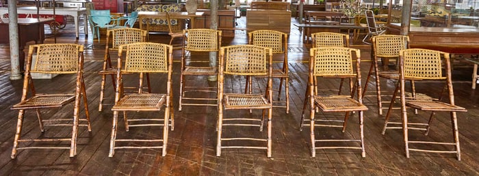 Set of 10 Mid-Century Tortoise Rattan Folding Chairs