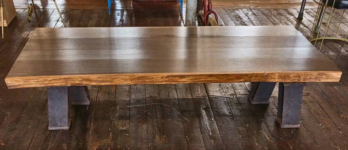 Custom Live Edge Wood Coffee Table: Custom live edge wood coffee table on industrial metal base. Denmark, 1970s. L 72 in. W 37-3/4 in. H 14 in. Condition: No damage noted.