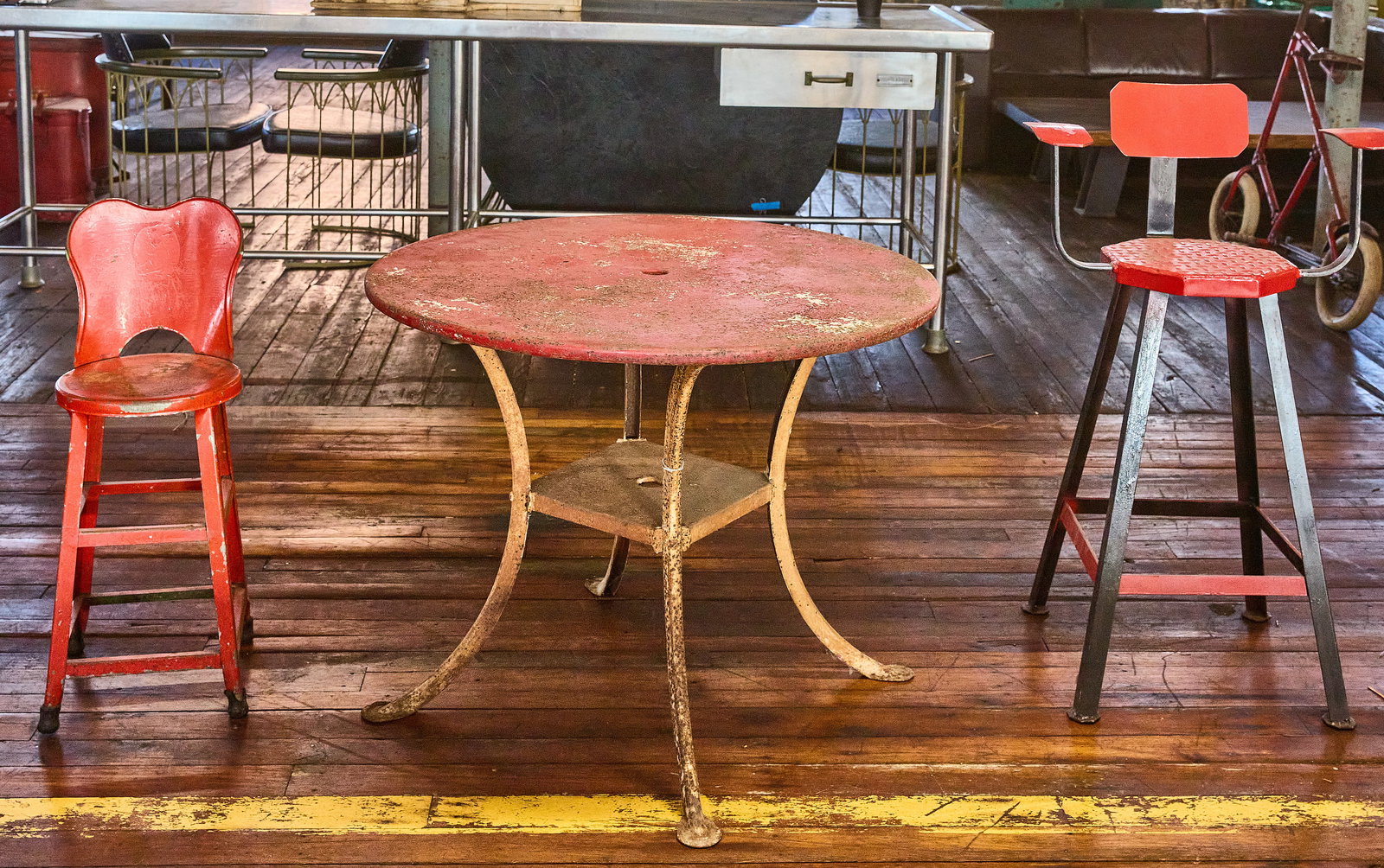 Two Red Industrial Chairs and Table (1 of 2)