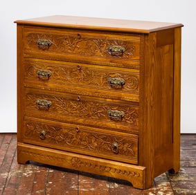 Four Drawer Oak Dresser with Native Motif