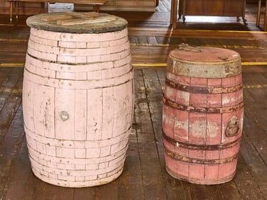 Two Painted Barrels with Lids