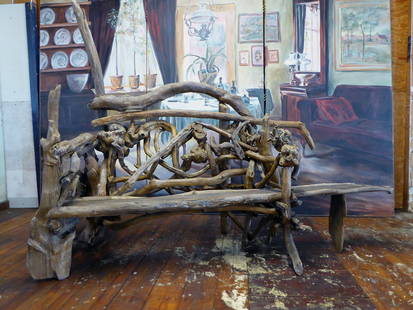 Root Bench: Root bench. H 72 in. W 83 in. D 35 in. Condition: Old fractures in the wood and wear as expected from age.