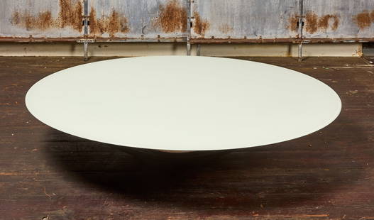 Modern Glass Coffee Table: Modern glass coffee table on steel base. D 62-1/4" H 11". Condition: No damage noted.