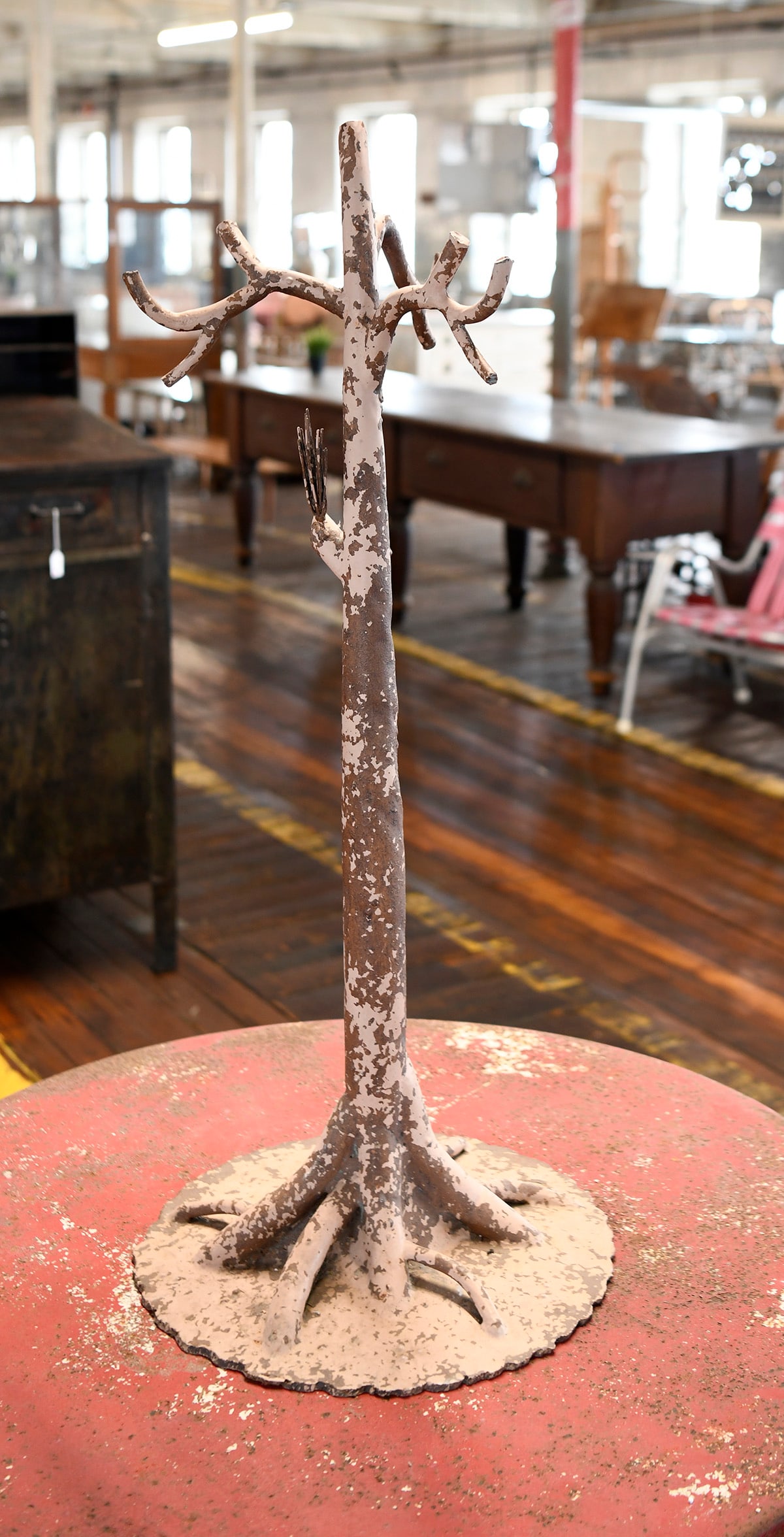 Wrought Iron Faux Bois Stand: Wrought iron faux bois stand with old paint. Early 20th century, H 37-1/2 in. (Base) D 15-3/4 in. Condition: Some flaking paint; distressed surface. Overall good.