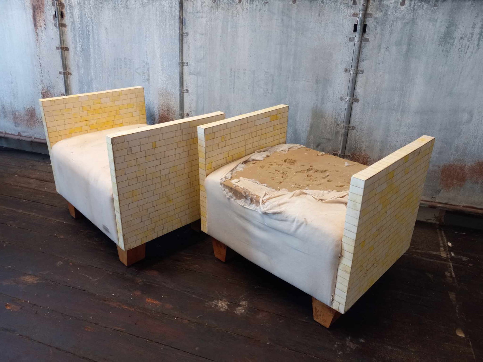 Pair of Yellow Acrylic Tile Seats: Pair of yellow acrylic tile inlay seats. H 24-1/2" W 28-1/4" D 21-1/4". Condition: One seat with considerable damage to cushion.