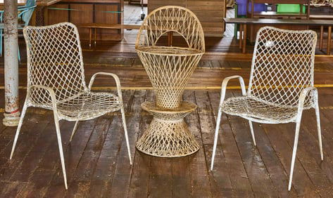 Pair of Spun Fibreglass Outdoor Chairs and Stool