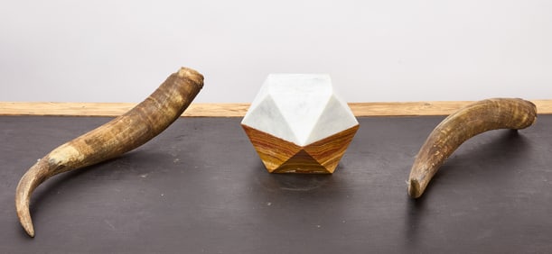 Pair of Long Horns and Decorative Marble and Agate Paperweight
