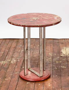 Art Deco Occasional Table: Art Deco painted wood with chrome occasional table. Inlaid metal star in top. Circa 1935. H 24 in. D 22-1/2 in. Condition: Very good with minor imperfections. Delivery service on site the day of aucti