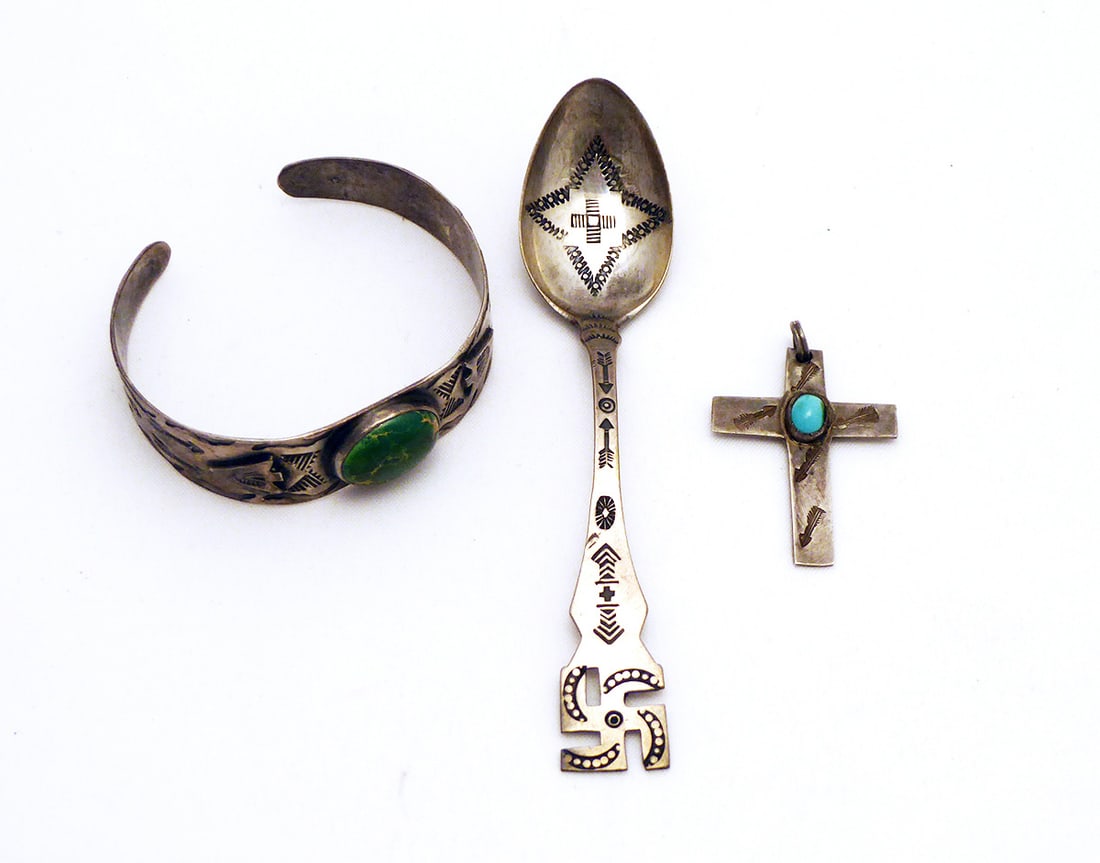 Three Native Silver and Turquoise Pieces: 3 Native silver pieces with turquoise: a bangle, a cross charm, and spoon. All three pieces include arrow imagery. The bangle is incised with images of arrows, sea life, and has an inset ova
