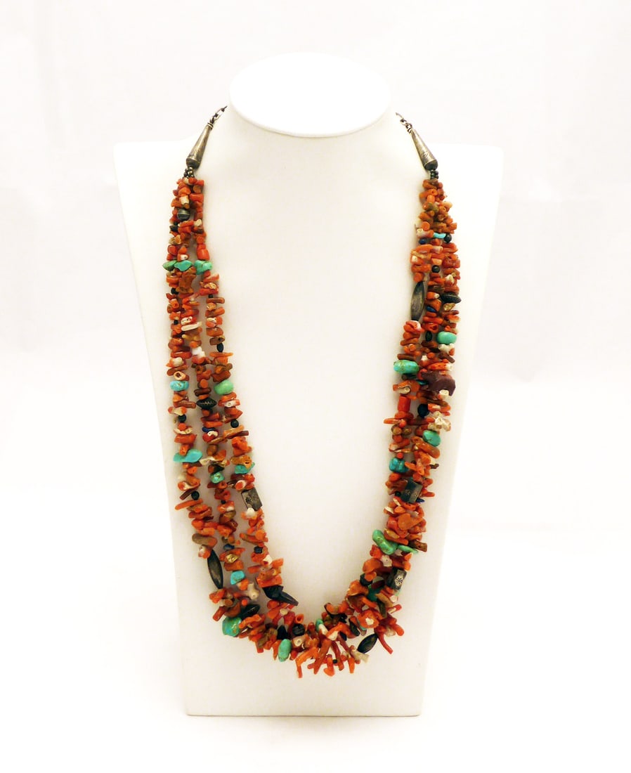 Coral and Turquoise Necklace: Native coral and turquoise necklace. Hook clasp. L 24 in. Condition: No damage noted. Clasp in working order. Wearable. Link for high-res images: https://www.dropbox.com/scl/fo/9j1gv2ieqls