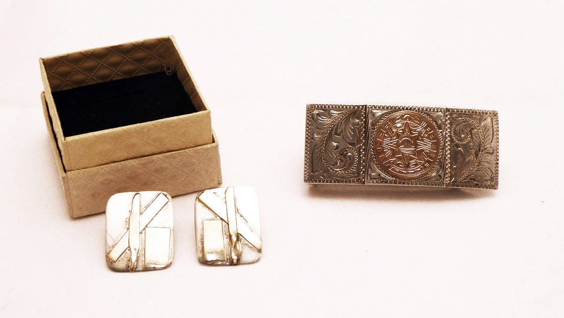 Platina Sterling/10k Belt Buckle, and Signed Sterling/14k Earrings (1 of 4)