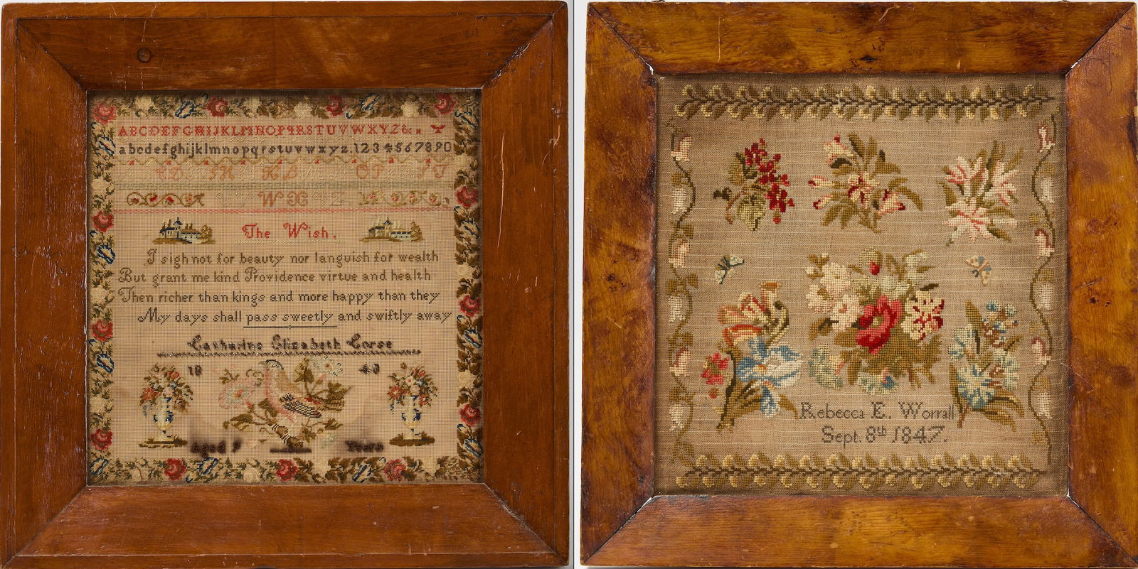 Two Needlepoint Samplers: Two needlepoint samplers. 1. Rebecca Worrall. September 8th, 1847. H 16-1/8" W 16-3/8" Condition: Minor imperfections and grime, missing frame. 2. Catherine Elizabeth Corse, age 9. 184