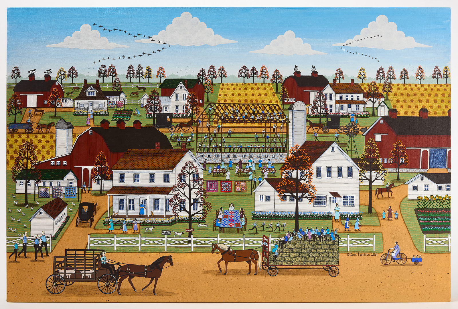 Folk Art Painting of Amish Barn Raising, Signed (1 of 4)