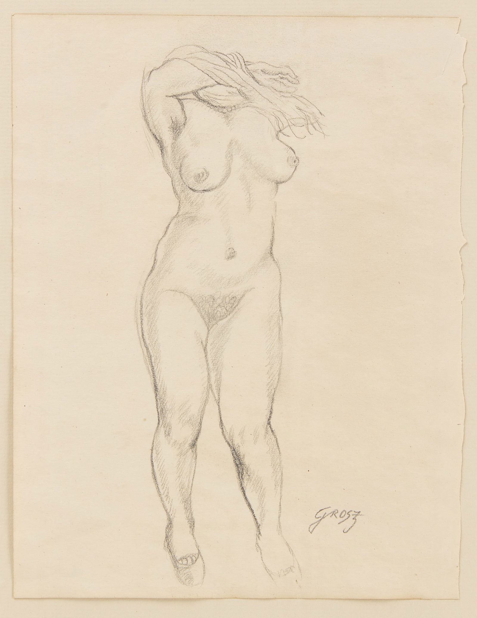 G. Grosz - Female Nude Sketch: George Grosz (1893-1959), sketch of a nude woman from the neck down. Graphite on paper. Signed in LR corner. Germany, circa 1940. Frame: H 18-1/2 in. W 14-1/4 in. Sight: H 15-1/2 in. W 11-1/2 in