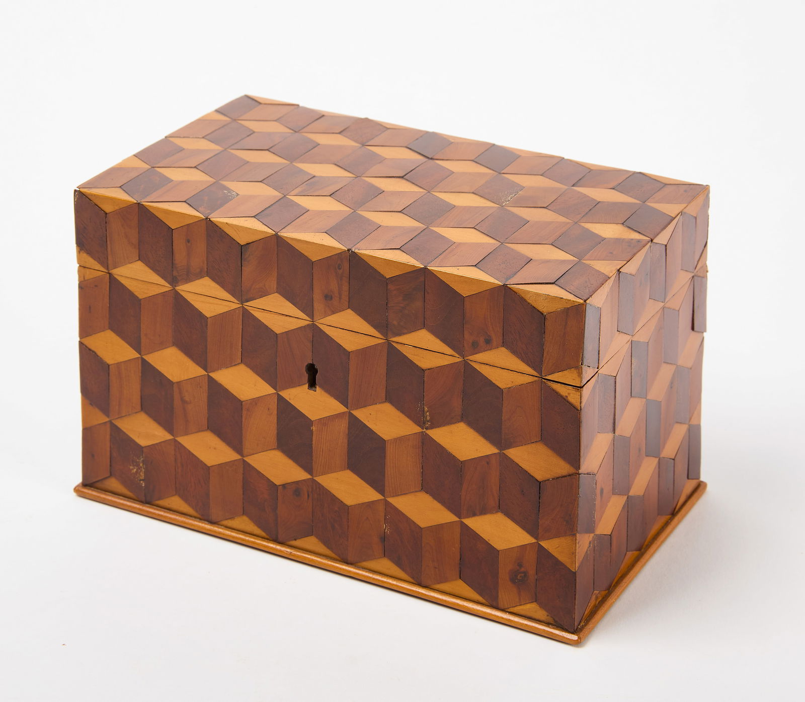Marquetry Tea Box: Tea box. Cube sans fond marquetry. Wood, paper and bone. With two interior compartments. American, late 19th century. H 4-7/8 in. L 8 in. W 4-1/2 in. Condition: Veneer piece missi