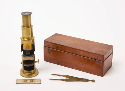 Brass Field Microscope: Brass field or student microscope. Original box. One clear glass plate and one slide included, along with tweezers. Probably English, early 20th century. Box: H 2-1/4 in. W 6-5/8 in. D 2-5/8