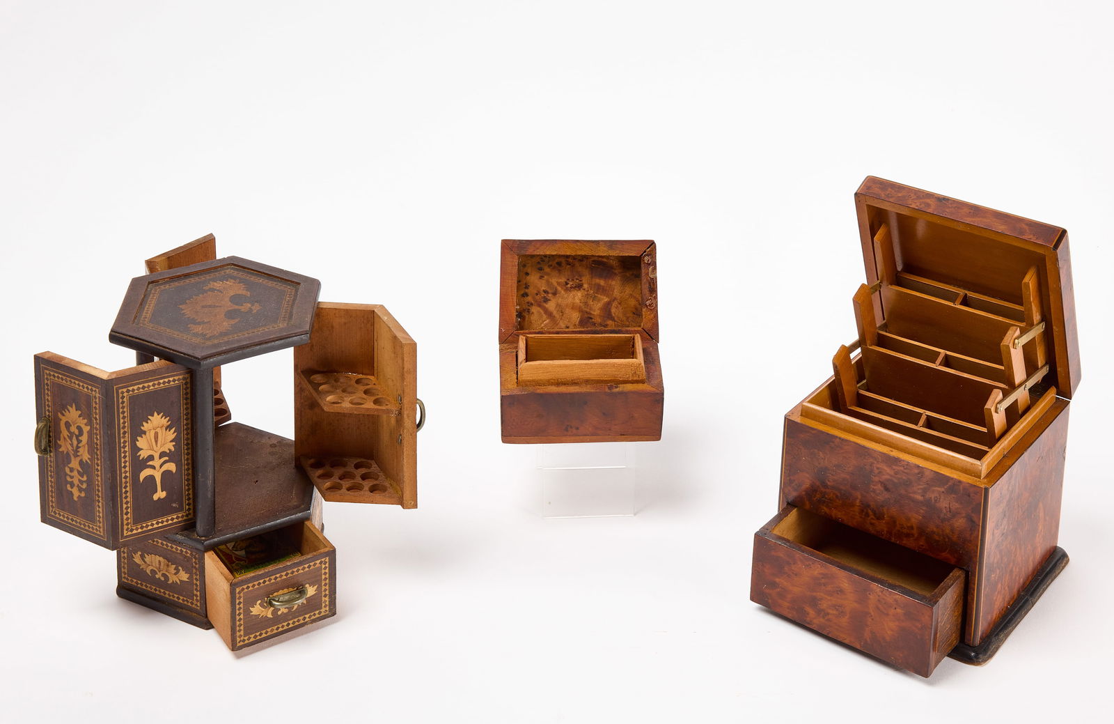 Two Fancy Wood Cigarette Boxes & Match Box (1 of 3)