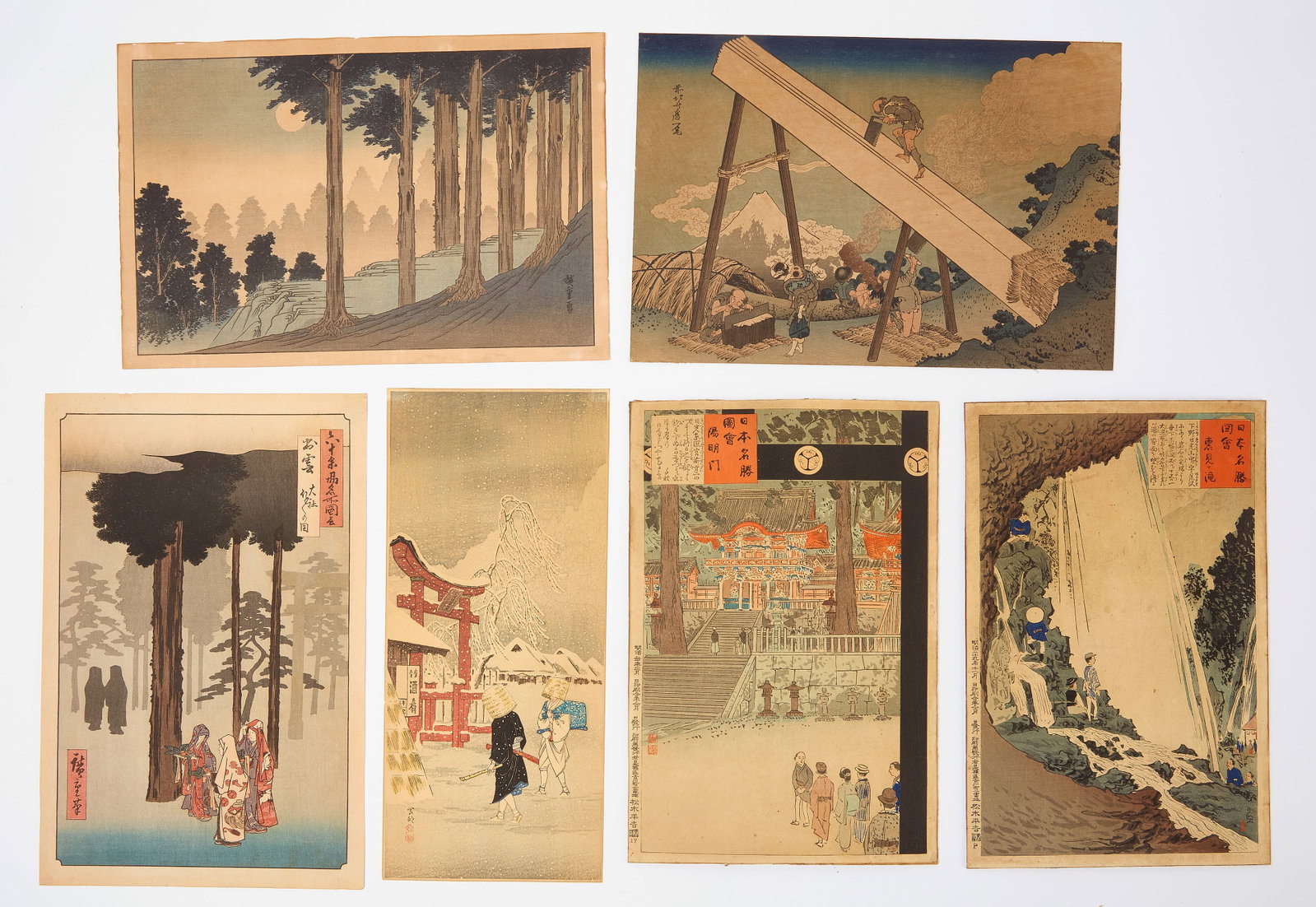 Group of Japanese Prints: Group of thirteen unframed Japanese woodblock prints. L 15 in. W 10 in. Condition: Surface and edge wear, toning, glue residue noted. Link to high-res images: https://www.dropbox.com/scl/fo/x9d9