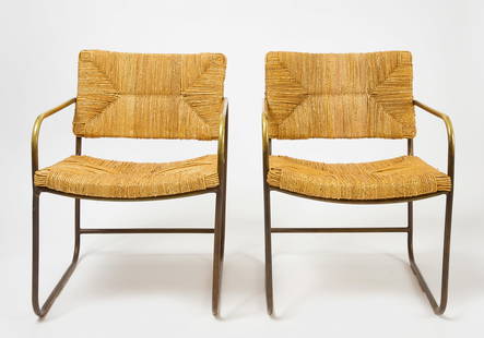 Lawrence Peabody Tubular Bronze Chairs: Lawrence Peabody. Pair of tubular bronze and rush seat armchairs.H 31-1/2 in W 22-1/4 in. D 25 in.Condition: Excellent condition with minor surface imperfections as expected.Link to high-res images: