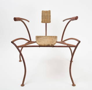 French Iron and Wicker Chair: Iron and wicker chair. French, mid 20th century.H 25 in. W 24-3/4 in. D 27-1/2 in.Condition: Uniform surface wear. Sturdy and stable caning. Link to hi-res