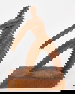 Modernist Figure of a Woman: Modern sculpture of a woman. Carved wood. American, circa 1960. H 15-5/8 in. W 10-7/8 in. D 4-1/2 in. Condition: Minor chip to clasped hands. Minor surface wear to base of sculpture. Please see