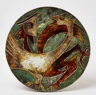 Helmut Schaffenacher - Wall Plaque with Roosters: Helmut F. Schaffenacher (1921-2010) - Ceramic glazed round wall plaque with roosters. Germany, third quarter of 20th century.D 15-3/8 in.Condition: No damage noted. Original condition.Link to hi-res