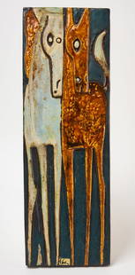 Helmut Schaffenacher - Wall Plaque with Horses: Helmut F. Schaffenacher (1921-2010) - Wall plaque with two horses. Ceramic with overglaze. Germany, third quarter of 20th century.H 23-1/2 in. W 8 in. Condition: No damage noted. Original