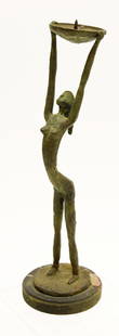 Bronze Brutalist Candle Stick: Bronze brutalist candle stick. Mounted on its original wood base. American, circa 1950. Indistinct signature.H 12-1/2 in.Condition: Excellent original condition.Link to high-res