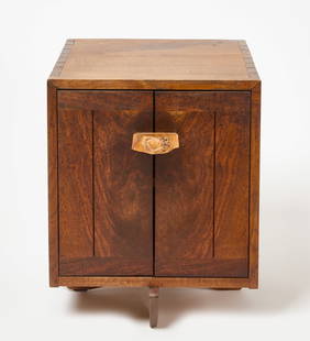 George Nakashima - Kornblunt Cabinet: George Nakashima (1905-1990), Kornblunt walnut cabinet. Cabinet has two doors with single shelf inside. Signed by furniture maker inside bottom with &#39;Oct 17, 1985&#39;. American, 1985.&nbsp; One o