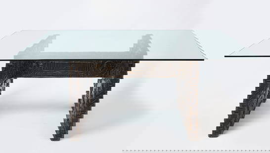 Adrian Pearsall Dining Table: Adrian Pearsall brutalist dining table. Composition over wood base with glass top. H 29" W 74" D 44". Condition: No damage noted. Link for high-res images: https://www.dropbox.com/scl/f