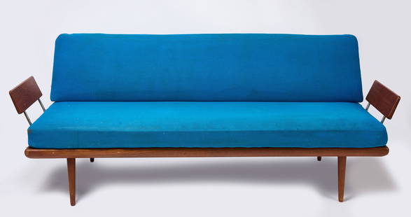 Danish 'Minerva' Paddle-Arm Sofa: Peter Hvidt &amp; Orla Molgaard-Nielsen. Danish &#39;Minverva&#39; Paddle-Arm sofa, in teak.&nbsp; L 80 in. With arms D 30 in.&nbsp; Condition: Minor imperfections. Back leg to the sitter&#39;s right