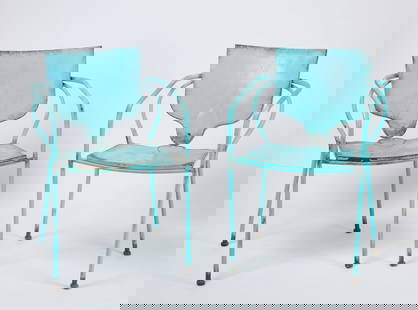 Pair of Modern Outdoor Painted Metal Chairs: Pair of modern steel chairs in turquoise paint. Circa 1960. H 33-1/2 in. W 23-1/4 in. D 22-1/2 in. Condition: Slightly weathered surface, wear spots. Link to hi-res images: https://www.drop