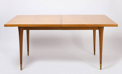 Tommi Parzinger Modern Dining Table: Tommi Parzinger modern dining table with additional leaves. Inlaid wood shows repeating diamond pattern. (Without leaves) H 29-1/2 in. W 67-1/2 in. D 38 in. (With leaves) H 29-1/2 in. W 103 in (2 leav