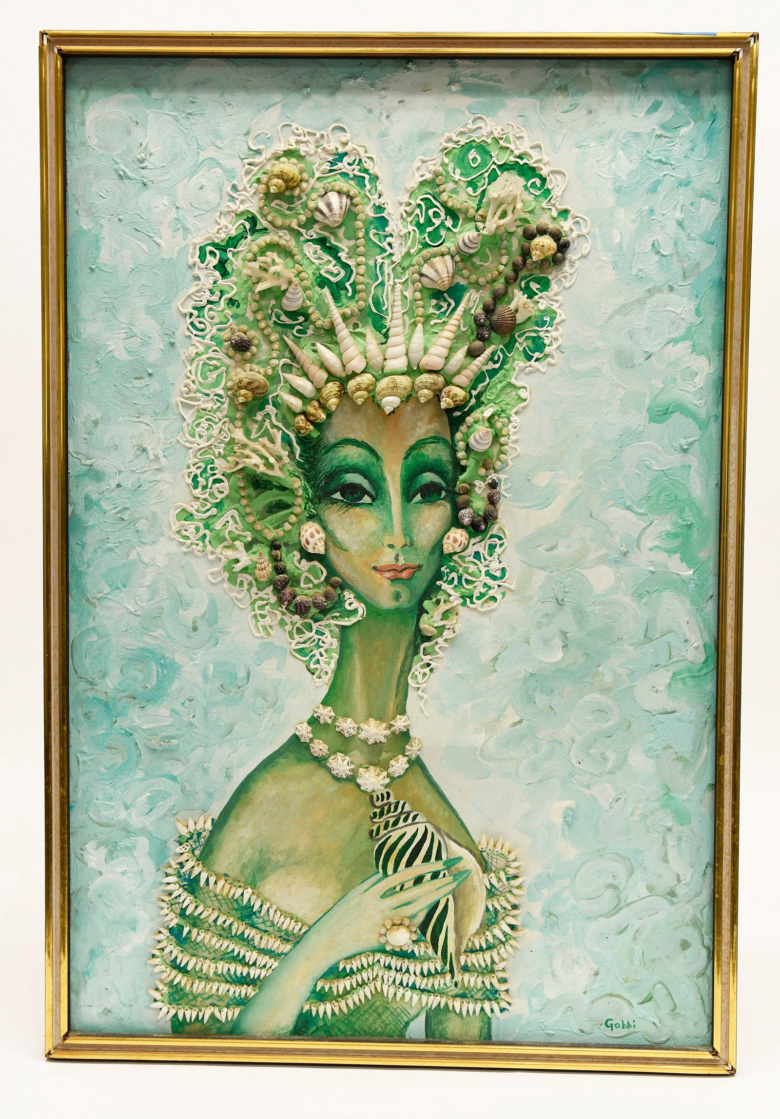 Portrait of a Seashell-Encrusted Drag Queen: Portrait of a drag queen in real seashell garb. Oversized pretty eyes. Mixed media in modern frame. Signed by artist 'Gobbi' in LR corner. Originally purchased in Key West, FL. in the 1960s. H